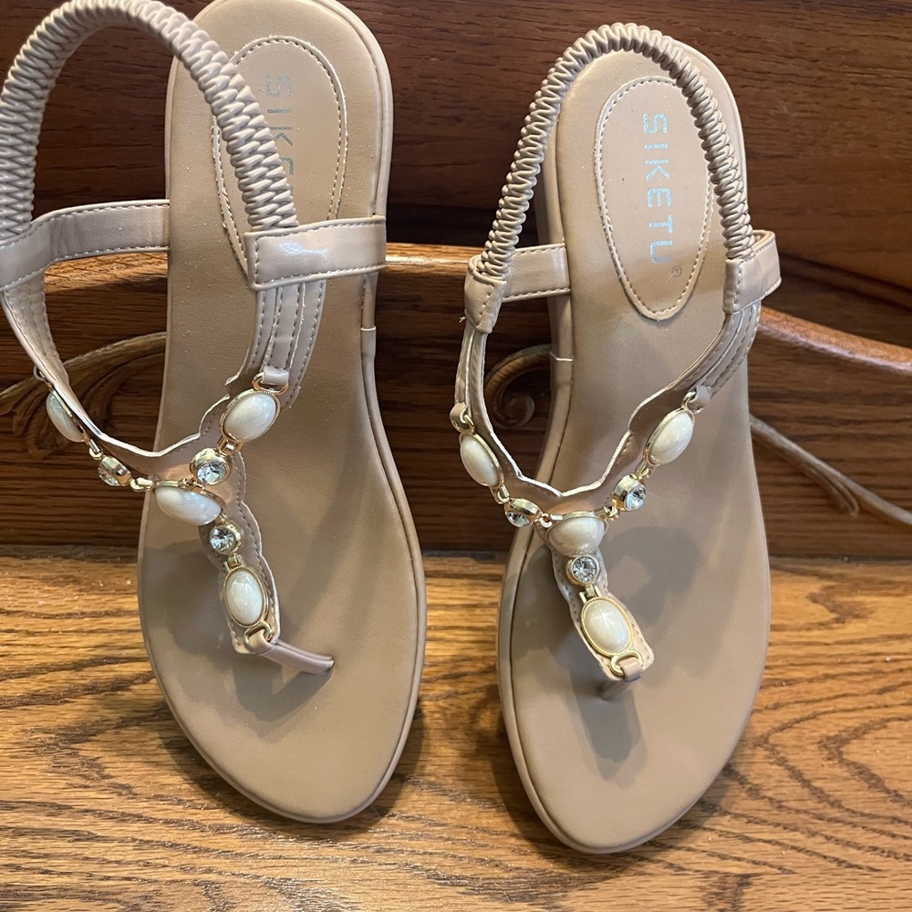 Women's Tan Sandals with Gemstone Accents